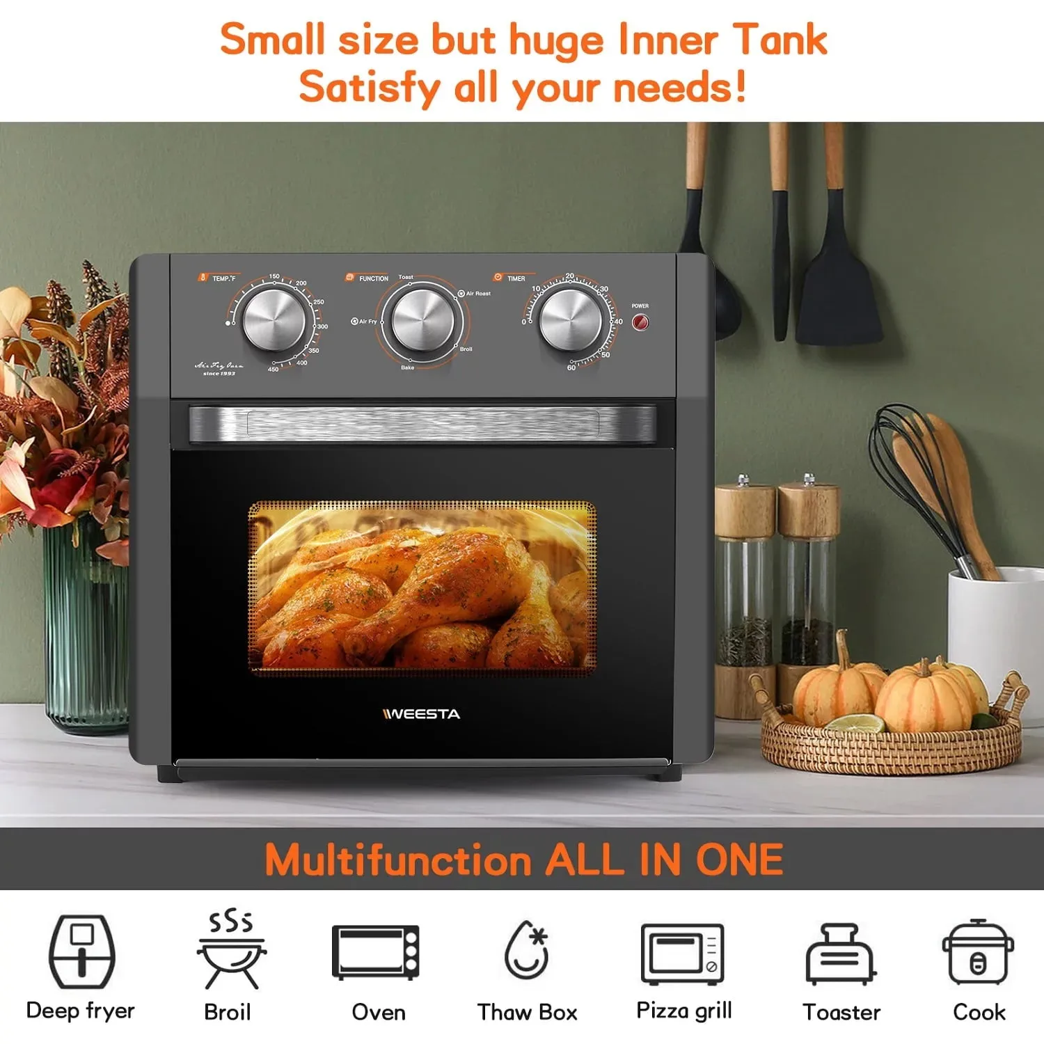 19 Quart Air Fryer Large Air Fryer Oven| Toaster Oven Combo | with Rotisserie, Dehydrator and Full Accessories UL Certified, 1300W, Gray