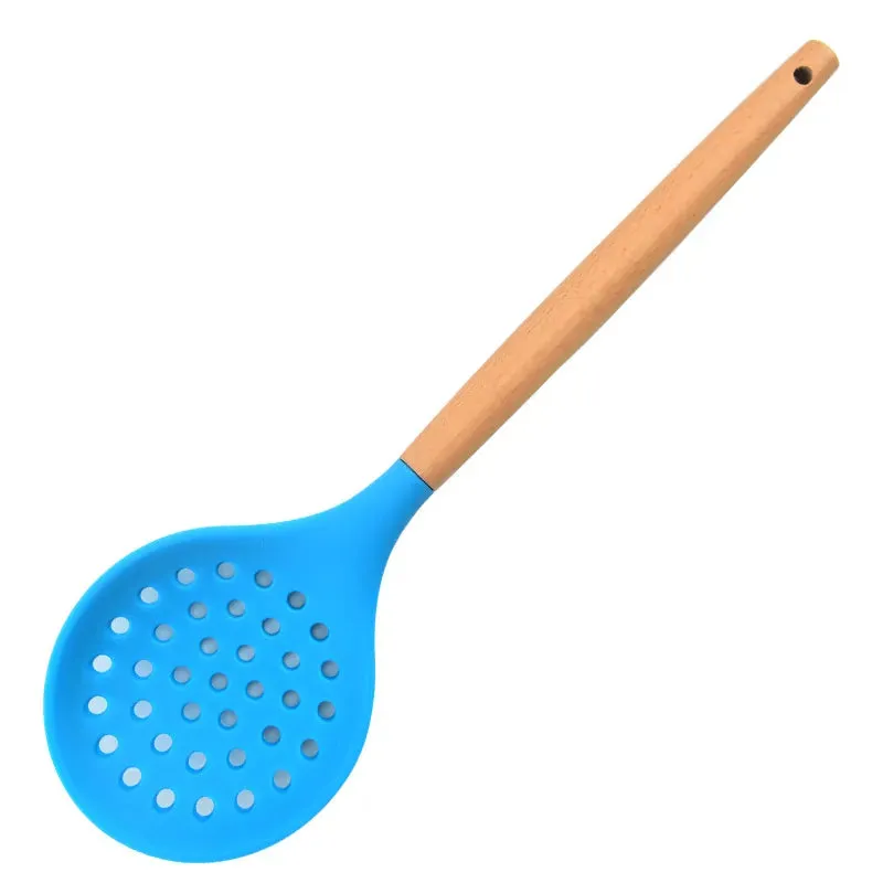 1Pcs Cooking Silicone Strainer Food Non-Stick Heat-Resistant Wooden Handle Colander Spoon Skimmer Strainer Cooking Kitchen Tools