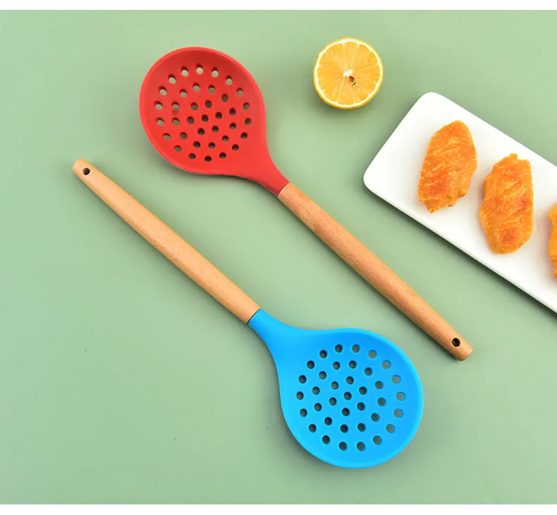 1Pcs Cooking Silicone Strainer Food Non-Stick Heat-Resistant Wooden Handle Colander Spoon Skimmer Strainer Cooking Kitchen Tools