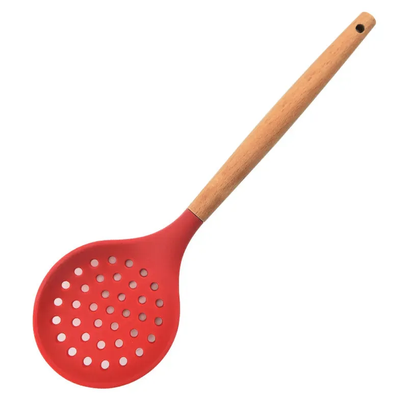 1Pcs Cooking Silicone Strainer Food Non-Stick Heat-Resistant Wooden Handle Colander Spoon Skimmer Strainer Cooking Kitchen Tools