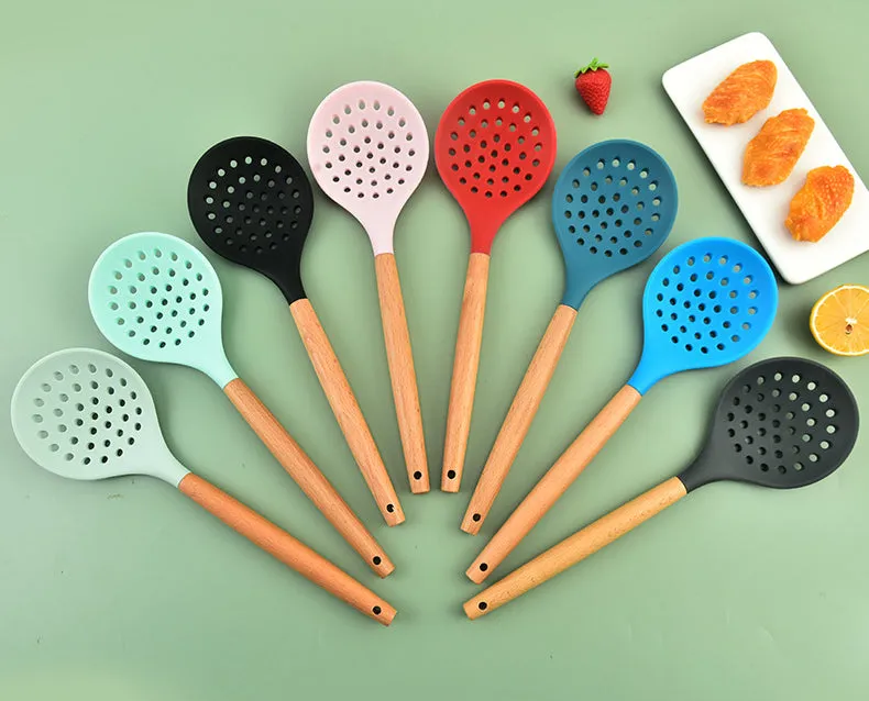 1Pcs Cooking Silicone Strainer Food Non-Stick Heat-Resistant Wooden Handle Colander Spoon Skimmer Strainer Cooking Kitchen Tools