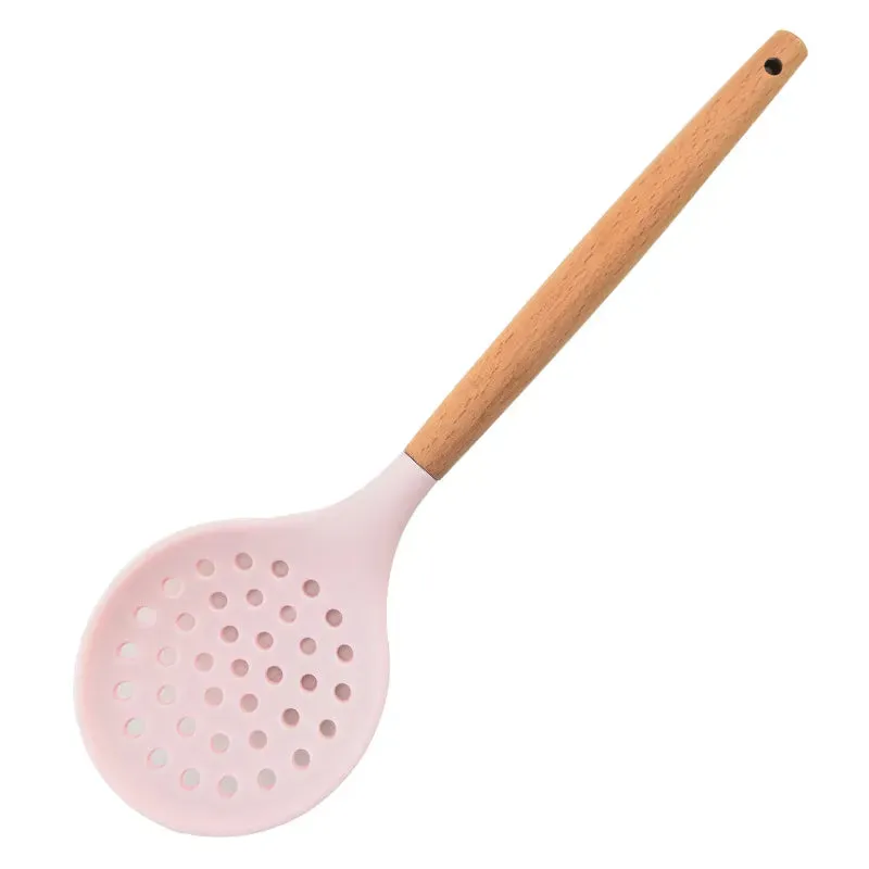 1Pcs Cooking Silicone Strainer Food Non-Stick Heat-Resistant Wooden Handle Colander Spoon Skimmer Strainer Cooking Kitchen Tools