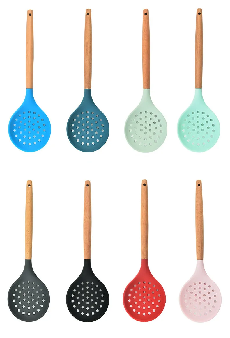 1Pcs Cooking Silicone Strainer Food Non-Stick Heat-Resistant Wooden Handle Colander Spoon Skimmer Strainer Cooking Kitchen Tools