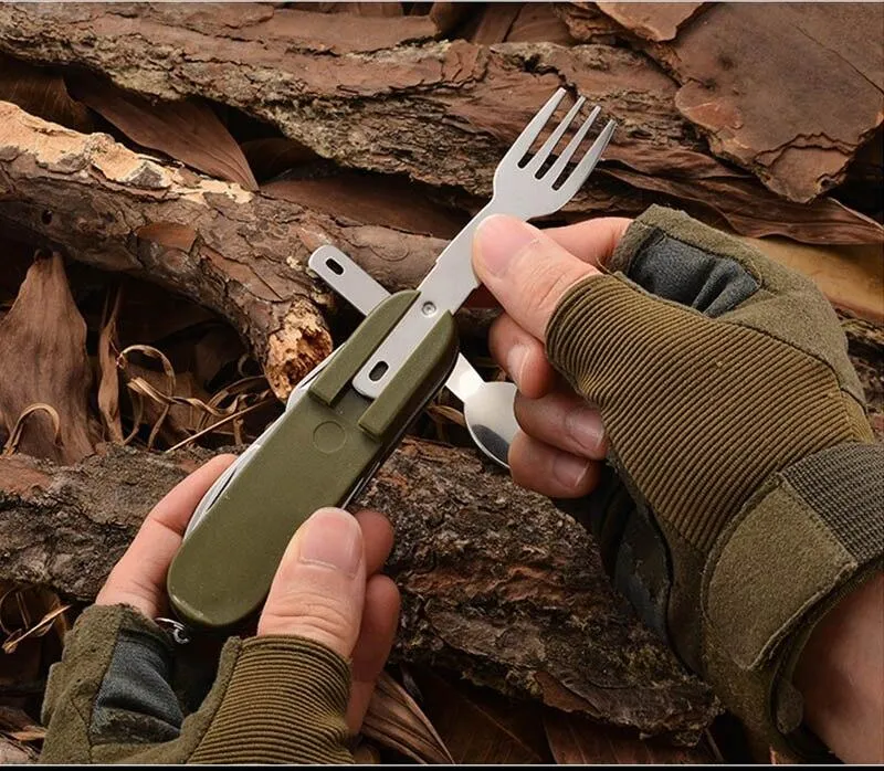 7-In-1 Camping Tableware Stainless Steel Foldable Fork Spoon Knife