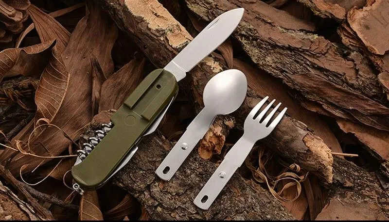 7-In-1 Camping Tableware Stainless Steel Foldable Fork Spoon Knife