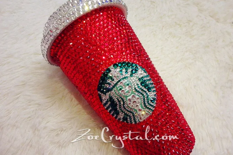 Bedazzled BLING STARBUCKS Coffee Cup Mug Tumbler Glitter Sparky Shinny w Swarovski Crystal Rhinestone Ruby - Red horizontal bejeweled Zoe