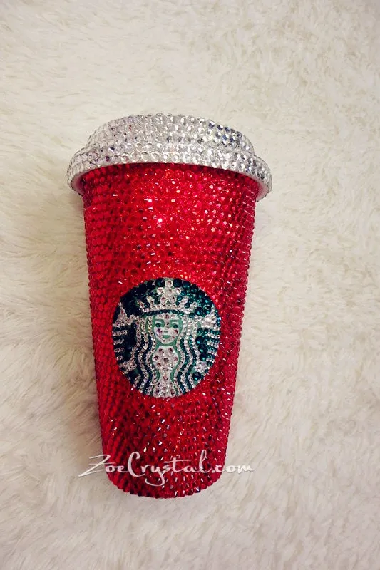 Bedazzled BLING STARBUCKS Coffee Cup Mug Tumbler Glitter Sparky Shinny w Swarovski Crystal Rhinestone Ruby - Red horizontal bejeweled Zoe