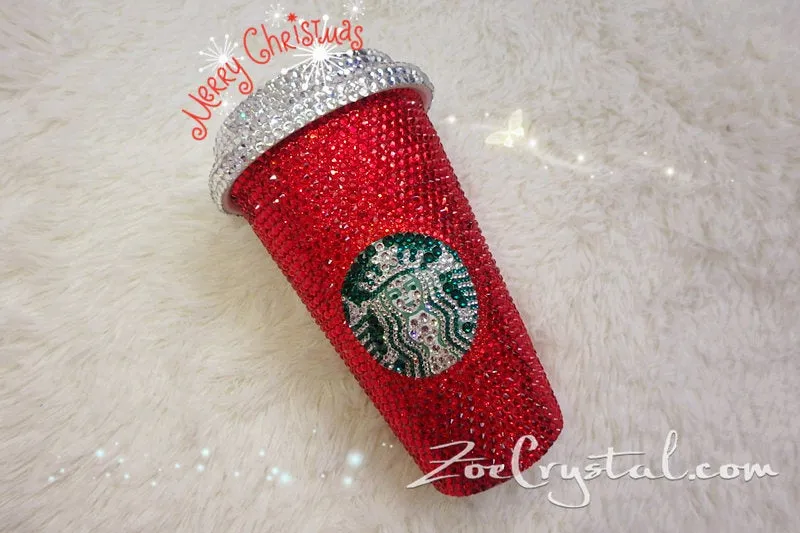 Bedazzled BLING STARBUCKS Coffee Cup Mug Tumbler Glitter Sparky Shinny w Swarovski Crystal Rhinestone Ruby - Red horizontal bejeweled Zoe