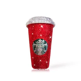 Bedazzled BLING STARBUCKS Coffee Cup Mug Tumbler Glitter Sparky Shinny w Swarovski Crystal Rhinestone Ruby - Red horizontal bejeweled Zoe