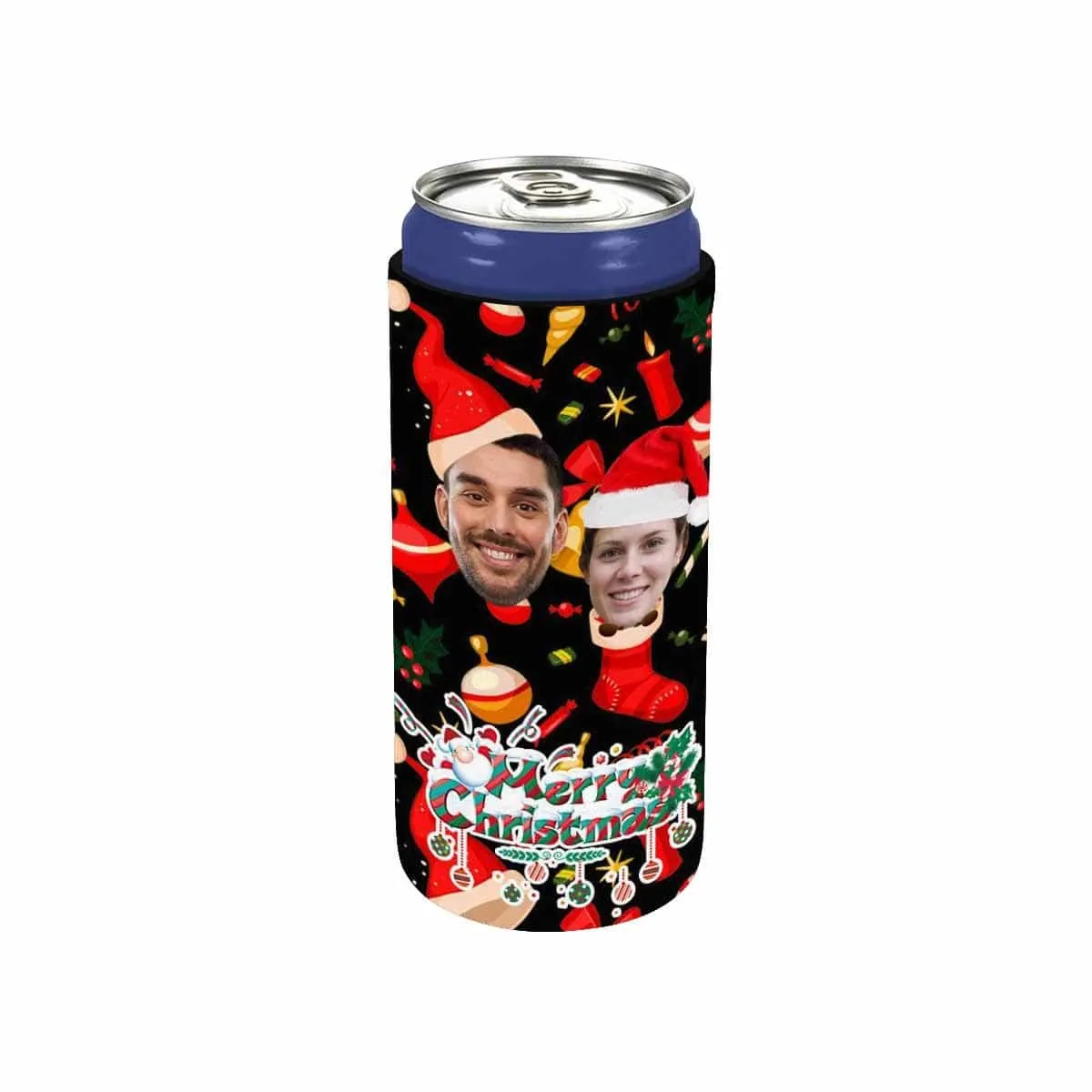 Custom Couple Face Can Coolers Christmas Koozies Personalized Red Hat Neoprene Can Cooler Non Slip for Beer Cans and Bottles