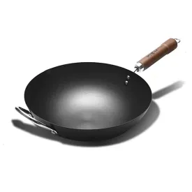 WANGYUANJI Carbon Steel Wok Pan, 11" Flat Bottom Woks and Stir Fry Pans with Lid,No Chemical Coated Traditional Wok for Induction, Electric, Gas, Halogen All Stoves-Practical Gift, 32/34/36cm