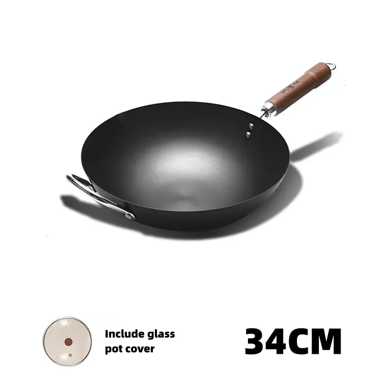 WANGYUANJI Carbon Steel Wok Pan, 11" Flat Bottom Woks and Stir Fry Pans with Lid,No Chemical Coated Traditional Wok for Induction, Electric, Gas, Halogen All Stoves-Practical Gift, 32/34/36cm