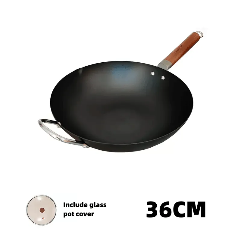 WANGYUANJI Carbon Steel Wok Pan, 11" Flat Bottom Woks and Stir Fry Pans with Lid,No Chemical Coated Traditional Wok for Induction, Electric, Gas, Halogen All Stoves-Practical Gift, 32/34/36cm